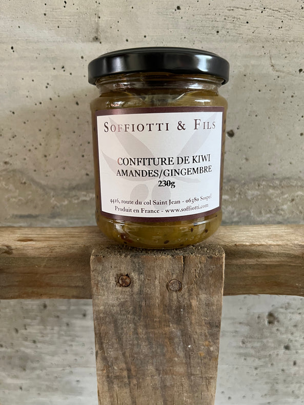 Confiture artisanale de kiwi, gingembre et amandes - Soffiotti et fils - Sospel (pot de 230g), France